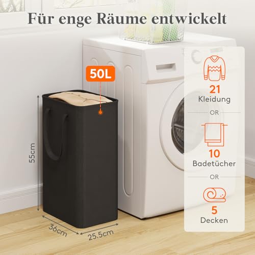 Lifewit 50L Wäschekorb schmal mit Griffen, faltbarer Wäschesammler für kleine Räume, schlanker Wäschebox für Bad, Schlafzimmer, Waschraum & Studentenwohnheim, Schwarz
