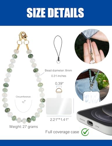 CH.yishi 2.0 Handmade Natural Gemstone Crystal Beaded Charm Cell Phone Camera Lanyard, Hands-Free Wrist Strap, Phone Chain String, Keychain Decor for Walle (Green Jade) — view 2