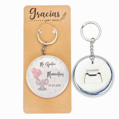 Pack de 12 Llaveros personalizados, Llavero abridor personalizado, Detalles bautizo, Detalles originales para invitados, Regalos personalizados originales, Regalantes (Modelo Elefante Niña)