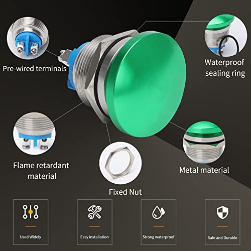 Starelo 22Mm Mushroom Momentary Head Push Button Switch,Stainless Steel Metal Ip65 Waterproof 2Pin Spst 1No 5A 250V Ac 12V 24V 36V Dc 7/8'' Mouting Domed Screw Terminal （Green). #TOP4