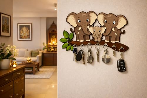 Image of Elephant Family Wooden Key Holder for Wall | Decorative Animal Key Hanger with 5 Hooks | Cute Cartoon Wall Mounted Key Stand for Home Entrance, Living Room & Office Decor