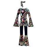 Generic Disco Outfit Hippie Costume for Women, 60s 70s Outfit Abba Flower Power Top with Flared Sleeves, Bell-Bottom Pants Headband Hippie, Carnival Women, black, M