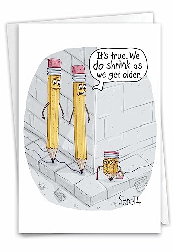 NobleWorks - 1 Funny Greeting Card for Birthdays - Funny Cartoons and Comics, Bday Celebration Notecard - Pencil Shrinkage C7288BDG