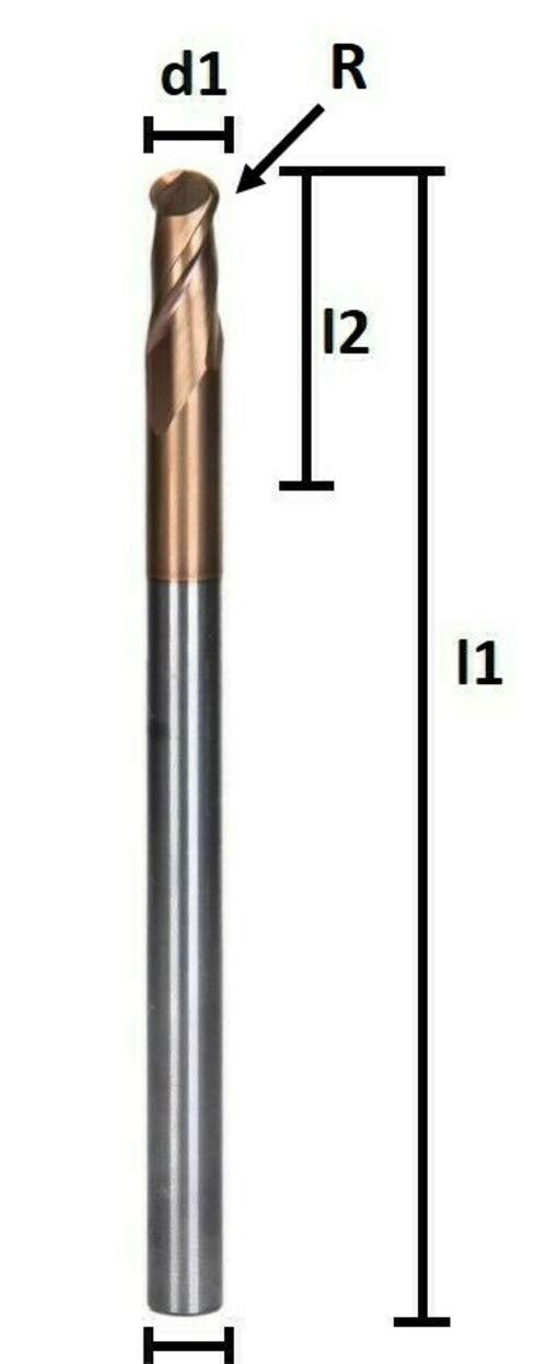 VHM Radiusfräser, überlang, extralang Ø 3/4/ 6/8/ 10/12 mm, Z=2, beschichtet, Größe: 6R3 x 15 x 100 mm