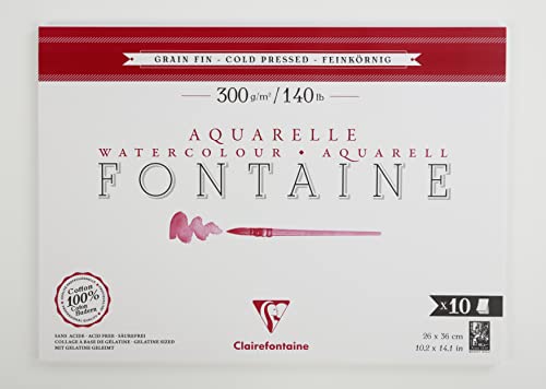 Clairefontaine 975512C Bloc Pegado 1 Fuente Lateral - 10 Hojas Papel Acuarela Blanco 100% Algodón Grano Fino Calidad Profesional 26x36 cm 300g