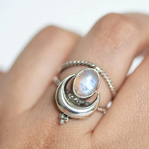 QUSIIOSLK 925 Silver Plated Vintage Moonlight Gemstone Moon Ring Boho Twisted Rope Crescent Band Natural Moonstone Birthstone Solitaire Ring for Women Jewelry Gift Size 6-10 6 image 2