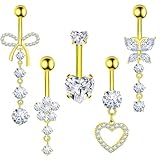 DiiWmme 5 barras colgantes para ombligo, acero inoxidable de 14 g, diseño de flor, corazón, mariposa, para mujeres y niñas, talla única, Acero inoxidable, No es una piedra preciosa