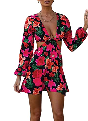 Women Sexy V Neck Long Sleeve Open Back Printed Mini Short Dresses Cut Out A Line Dress Sundress Beachwear(Red,S)