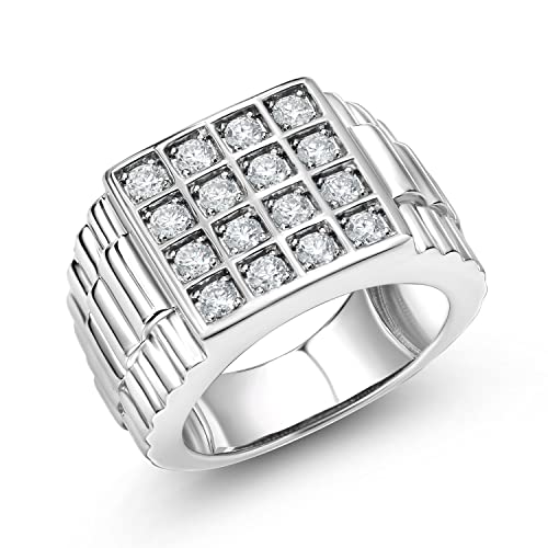 Gem Stone King White Round Moissanite Ring For Men In 925 Sterling Silver | Watch Cuban Rolex Style Square Cut Band Ring | 1.04 Cttw | Available In Size 7, 8, 9, 10, 11, 12, 133