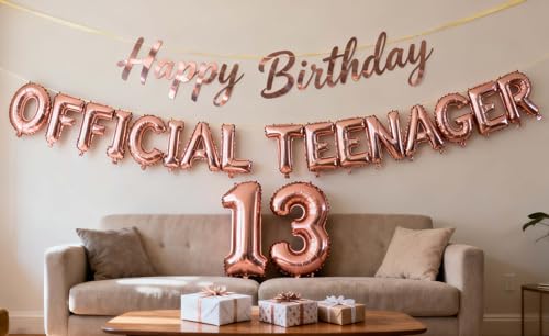 Official Teenager 13th Birthday Decorations Boys Girls, Happy Birthday Banner Official Teenager Number 13 Birthday Foil Balloons for 13 Years Old Birthday Anniversary Supplies Boys Girls(Rose Gold)