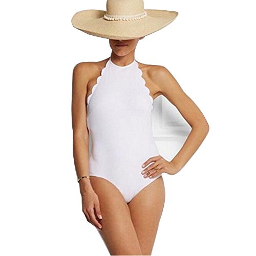 3Z Archery Frauen Jakobsmuschel Bikini Badeanzug Badeanzug Damen Monokini Badeanzug Einstellbare hohen Neckholder Plain Backless(M=EU36-38,Weiß) Cover