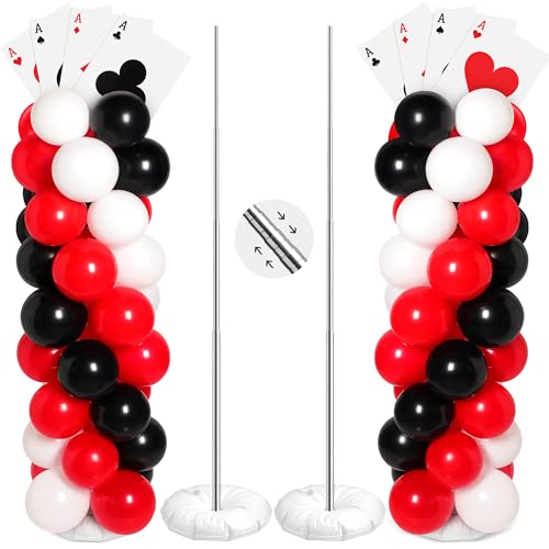 2 Sets Casino Theme Party Decoration Adjustable Poker Themed Balloon Column Stand Kit 8 Pcs Jumbo Poker Cards 129 Pcs Balloon Set for Las Vegas Game Night Birthday Party Supplies(Red Black and White)