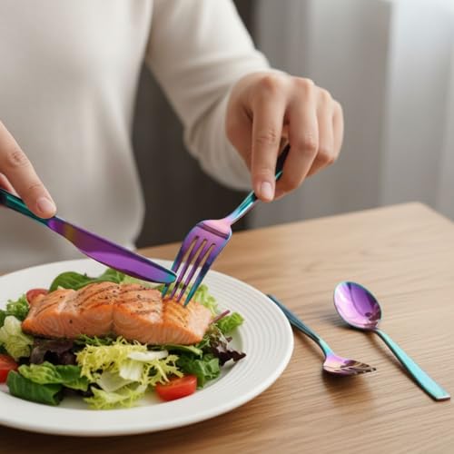Image of 25 Pcs Rainbow Cutlery Set for Dining Table the Perfect Mirror Polish Hevy Duty Tableware Including Dinner Spoon, Dinner Fork, Dinner Knife, Dessert Spoon & Dessert Fork