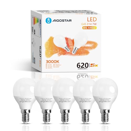 Aigostar   Bombilla LED E14 G45, 7W Equivalente a 49W, Luz cálida 3000K, 620 Lúmenes, Ahorro de energía, CRI> 80, ángulo de apertura 230º, No Regulable, Caja de 5 unidades
