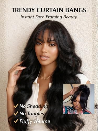 Image of Beauty Forever 13x4 Lace Front Wig Human Hair Glueless Pre Plucked Pre Cut,Loose Wave Wig with Curtain Bangs for Black Women, Fluffy Natural Black Ready to Wear Drawstring Wig, 150% Density 20 Inch