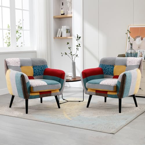 Bonzy Home Modern Accent Chair Set of 2 for Living Room, Colorful Boho Linen Fabric Upholstered...