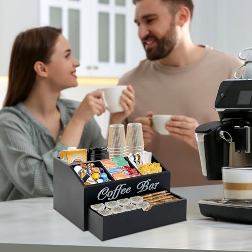 Eastsign Kaffeebar Organizer Holz Rustikal – 2-stöckige Kaffeestation mit Schrägboden & herausnehmbarer Schublade – Zubehör Aufbewahrung für Sirup, Becher, Kapseln & Tee – für Küche & Büro