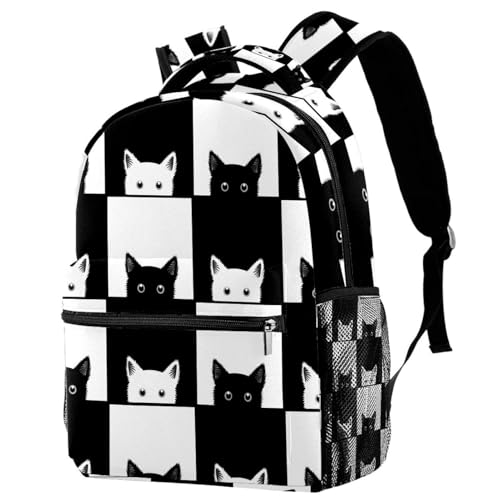 Sac à dos d'école à carreaux chats noirs et blancs 40cm pour adolescents