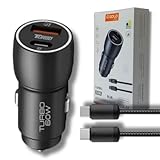 Carregador Veicular Turbo 60W Pro, Kit com Cabo USB-C. Duas portas USB 3.0 + USB-C, Led, Carregamento Rápido 9.1A Fast Charge Carro/Automotivo Compatível com IOS e Android – Premium (Preto)