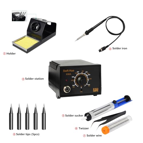 Miniatura 5 de Estación De Soldadura Con Soldador, 60w Kit De Estacion De Soldadura 936a, Estación De Desoldadura, Kit De Estación De Retrabajo Para Electrónica Negro