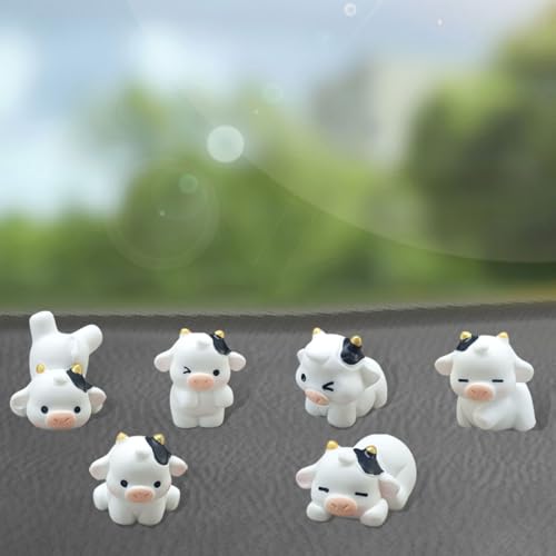 LHDOS 6PCS Cute Cow Car Rear View Mirror Ornaments, Funny Car Dashboard Decoration Set, Mini Resin Center Console Decoration, Cartoon Figurine Car Interior Accessories for Women Men (White)