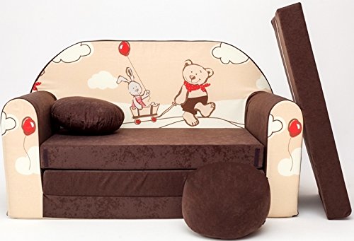 Pro Cosmo – K26 niños sofá Cama futón con Puff/reposapiés/Almohada, Tela, marrón, 168 x 98 x 60 cm