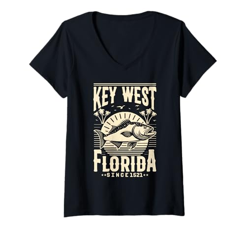 Mujer Key West Florida Pesca Amante Familia Viaje Vintage Fisherman Camiseta Cuello V
