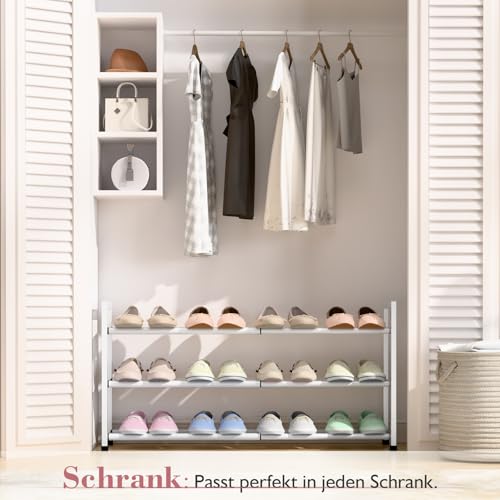 Image of Bumusty 3-Tier Expandable Shoe Rack for Closet, 18 inch-33 inch Adjustable Shoe Rack for Small Space, Small Shoe Organizer for Front Door, Sturdy Metal, White