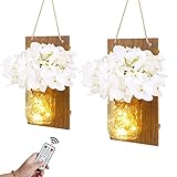 Anpro Rustic Wall Sconces Mason Jar Sconces Handmade Wall Art Hanging Design with Remote Control LED Fairy Lights, Farmhouse Kitchen Decorations Wall Home Decor Living Room Lights Creamy-White (White)
