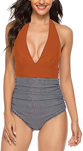 Backless One Piece Swimsuit for Women Stripe Halter One Piece Bathing Suit (L, 02 Caramel)