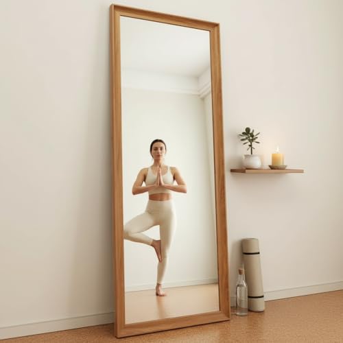 Image of APRODZ Full Length Mirror with Wooden Frame | 65x22 Inch Floor Standing Full Body Mirror | HD Large Dressing Mirror with Stand & Wall Hanging Option for Bedroom, Living Room & Studio