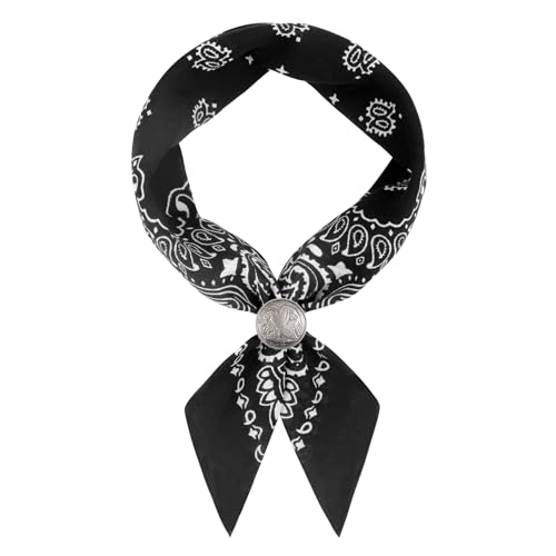 Hymeiluely Western Bandana Scarf With Vintage Coin Buckle, Paisley Pattern Neck Scarf for Men Pocket Square Cowboy Scarves, Black