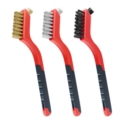 Image of 3 Pcs, Wire Brush Set, 7 Inch, Red | Stainless Steel /Brass /Nylon, Cleaning Rust, Welding Slag Removal, Paint and Dirt Removal, Sturdy And Durable