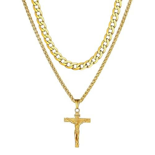 ChainsHouse Layered Cross Necklace for Men, Stainless Steel/Black/Gold Plated Cuban/Barbed Wire Necklace with Cross/Crucifix Pendant Religious Jewelry Gift Set for Dad, Husband 20'' chain+22