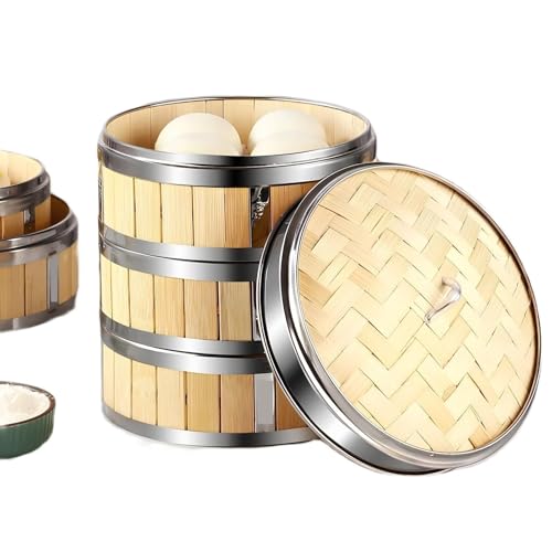 FQDZ Handmade 3-Tier Bamboo Steamer with Lid, 8-12 Inch Size, for Buns & Dumplings, Steam Basket Set(30cm)