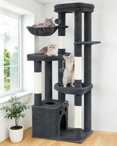Kratzbaum Groß, Kratzbaum Grosse Katzen Stabil 170 cm hoch - Katzenbaum XL, Mehrstöckiger Katzenbaum Grau mit 4 Kratzsäulen, 6 Plüschbälle, Plattformen, Höhlen, Hängematte