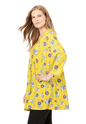 Woman Within Women's Plus Size V-Neck Pintucked Tunic - 22/24, Navy Marigold Floral Blue #TOP3