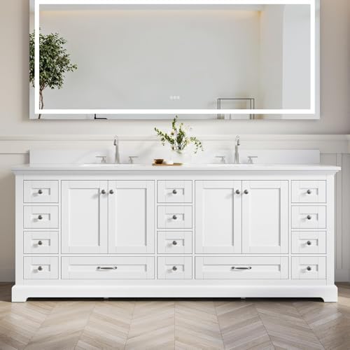 WELLFOR 84 Inch Bathroom Vanity with Double Sinks, Bathroom Freestanding Vanity W/4 Soft-Close Doors...