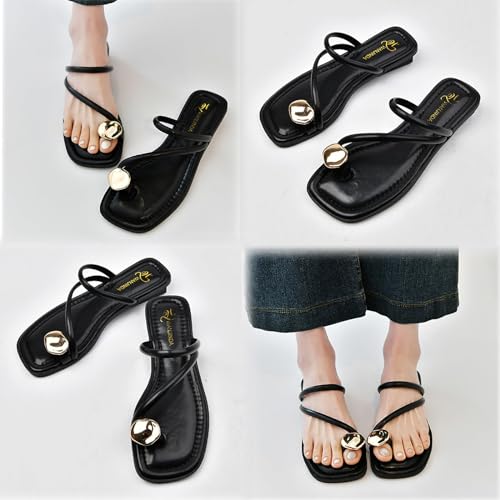 Image of Women'S Leather Strappy Flat Metal Toe Ring Sandals Fashionable Square Open Toe Low Block Heel Slip-On Clip Toe Slide Sandals Casual Summer Beach Slipper