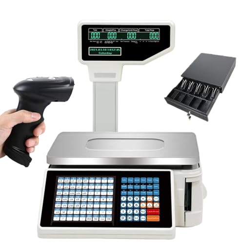 Dual Display Counting Scale with Thermal Label Printer, 30kg/60lbs Capacity, Pole Display for Retail Food and Meat Shops, Accurate Labeling and Inventory Management