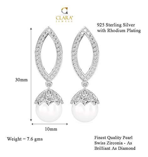 Image of CLARA 925 Sterling Silver Pearl Earrings | Rhodium Plated, Swiss Zirconia, Screw Back | Gift for Women & Girls