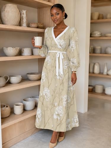 Image of PinkPatty Plus Size Dresses for Curvy Women V Neck Flowy Long Sleeves Wrap Maxi Dress Travel Vacation Outfits