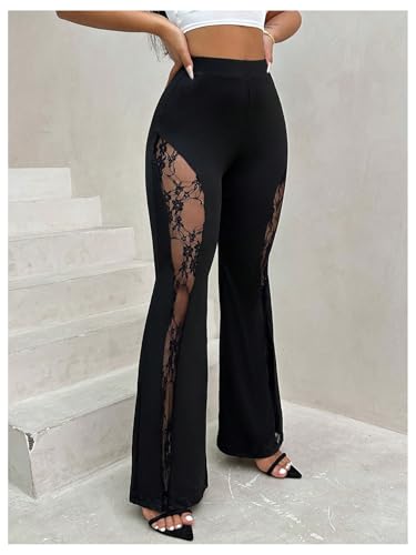 Women's Floral Lace Flare Pants See Through High Waisted Bell Bottoms Trousers Streetwear4