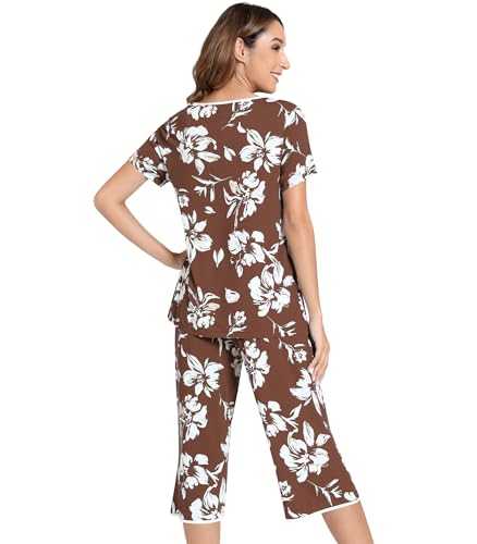 Image of NACHILA Bamboo Viscose Pajamas for Women Lace V Neck Capri Pants Pjs Set