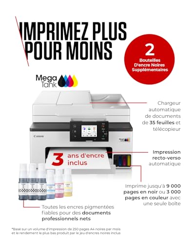 Canon MAXIFY GX2050 Imprimante A4 Couleur pour la Maison et Le Bureau, Imprimante, Copieur, Scanner et Télécopieur Jet d'encre MegaTank Tout-en-Un, Wi-FI, Ethernet, USB | Comprend 6 bouteilles d'encre