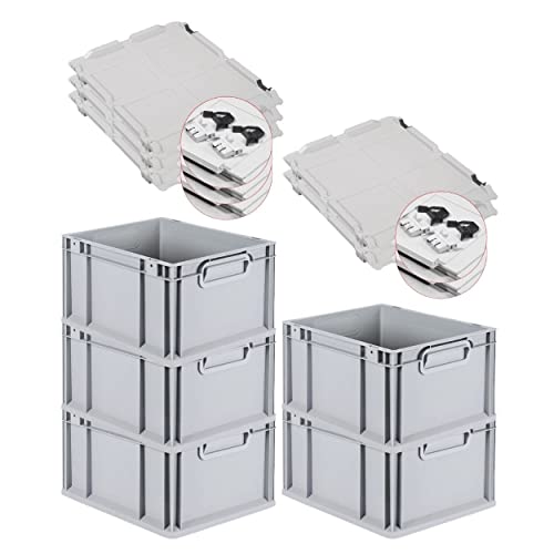 PROREGAL SuperSparSet 5x Eurobox NextGen Grip mit Scharnierdeckel und schwarzen Schiebeschnappverschlüssen HxBxT 22x30x40cm 20 L Grau Griffe geschlossen Eurobehälter Transportbox