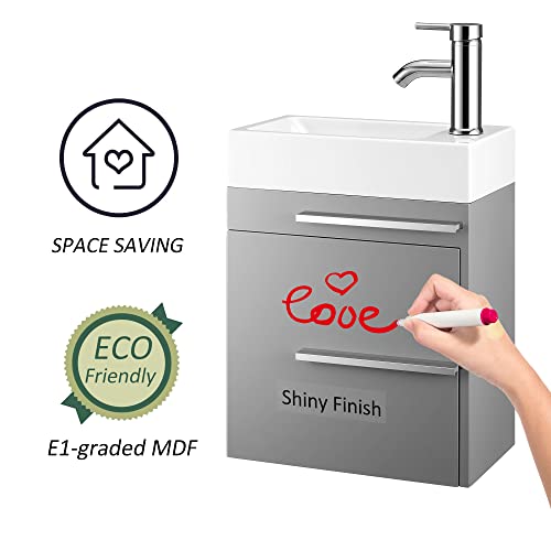 Spurgehom 16" Bathroom Vanity W/Sink Combo For Small Space, Wall Mounted Bathroom Cabinet Set With Chrome Faucet Pop Up Drain U Shape Drain #TOP3