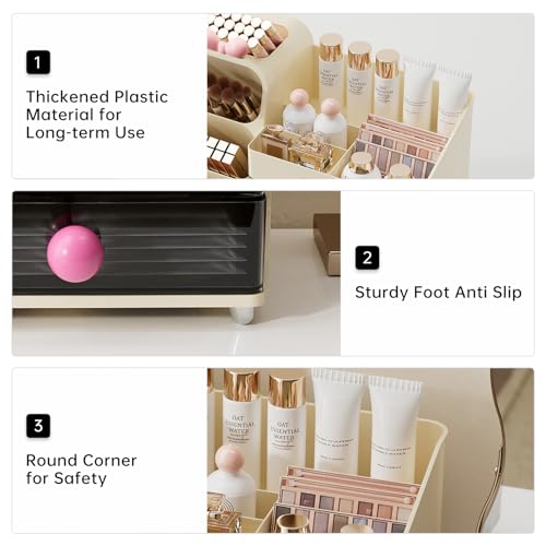 Image of UFORU Makeup Organizer for Vanity with Brush Holder, Large Capacity Bathroom Countertop Skincare Organizer with 2 Drawers, Cosmetic Display Case for Perfumes, Eyeshadow Palettes, Nail Polishes