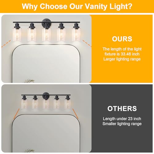 Image of Unicozin Modern Bathroom Light Fixtures, 5 Light Vanity Lights, Black Wall Lamp with Clear Glass for Bathroom, Mirror, Living Room, Bedroom, Hallway, E26 Base