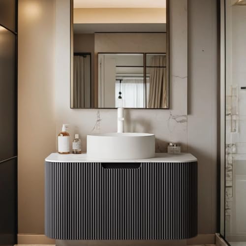 AmbroVania 30 inch Floating Bathroom Vanity with Sink, Natural Solid Wood Modern Bathroom Vanities with Ultra-Thin Ceramic Basin and Marble Top, Soft-Close Design, Pre-Assembled, Gloss Black